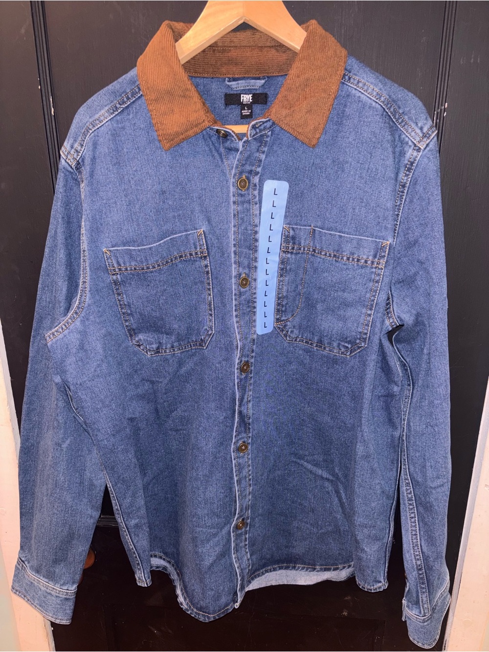 Frye Denim Work Shirt Jacket Brown Corduroy Collar Blue Size L NWT